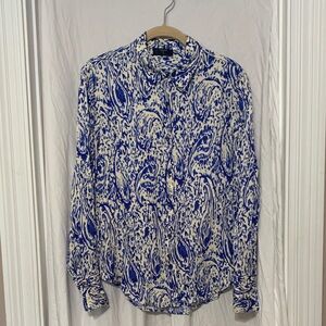Tahari Blue and Cream Swirl print Long Sleeves Button Down Shirt EUC